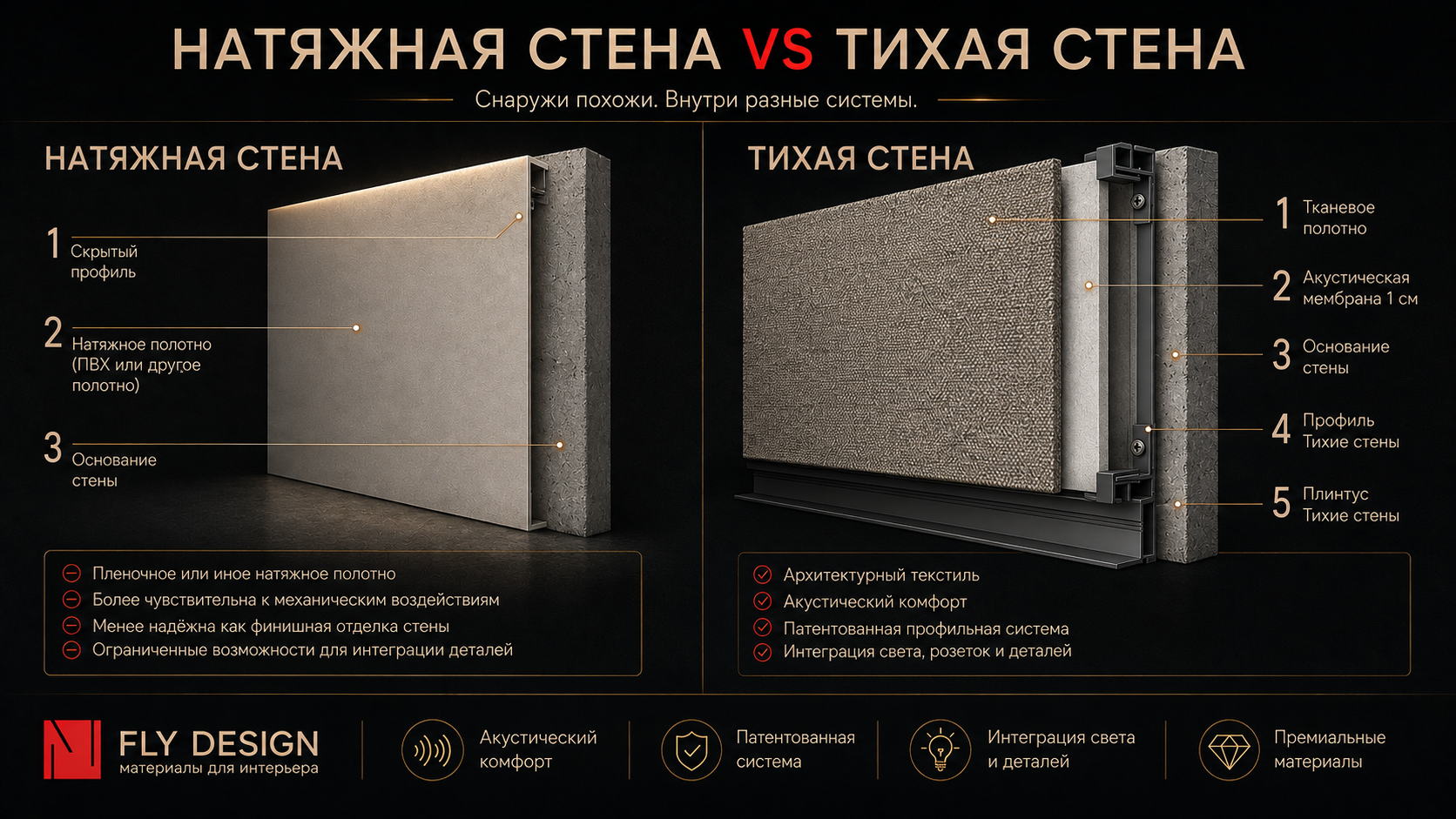 Натяжная стена и тихая стена - сравнение конструкции, профиля, акустической мембраны и текстиля